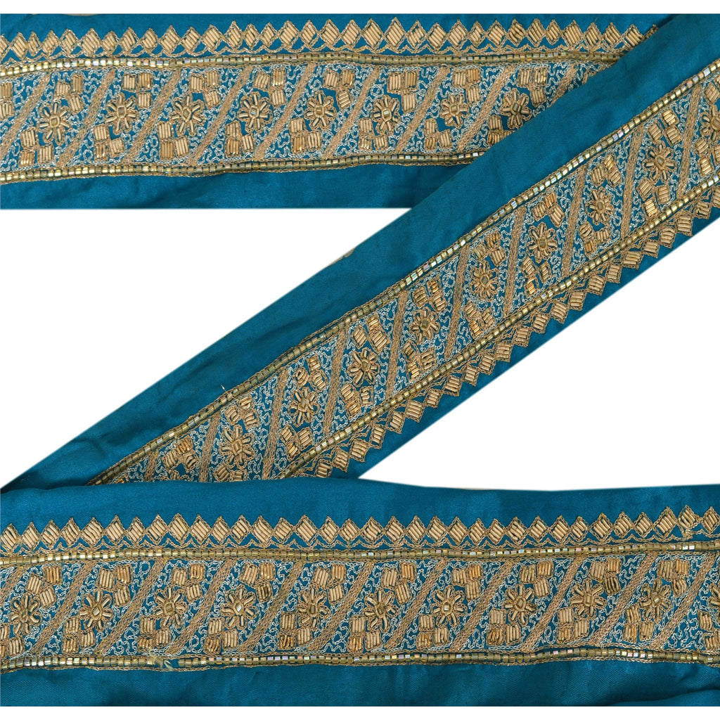 Sanskriti Vintage Sari Border 5YD Craft Blue Trim Hand Beaded Sewing Ribbon Lace