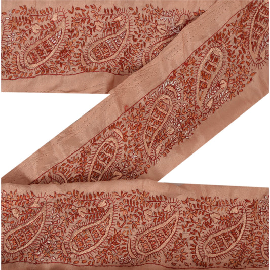 Sanskriti Vintage Suzani Sari Border Craft Peach Trim Hand Embroidered 1 YD Lace