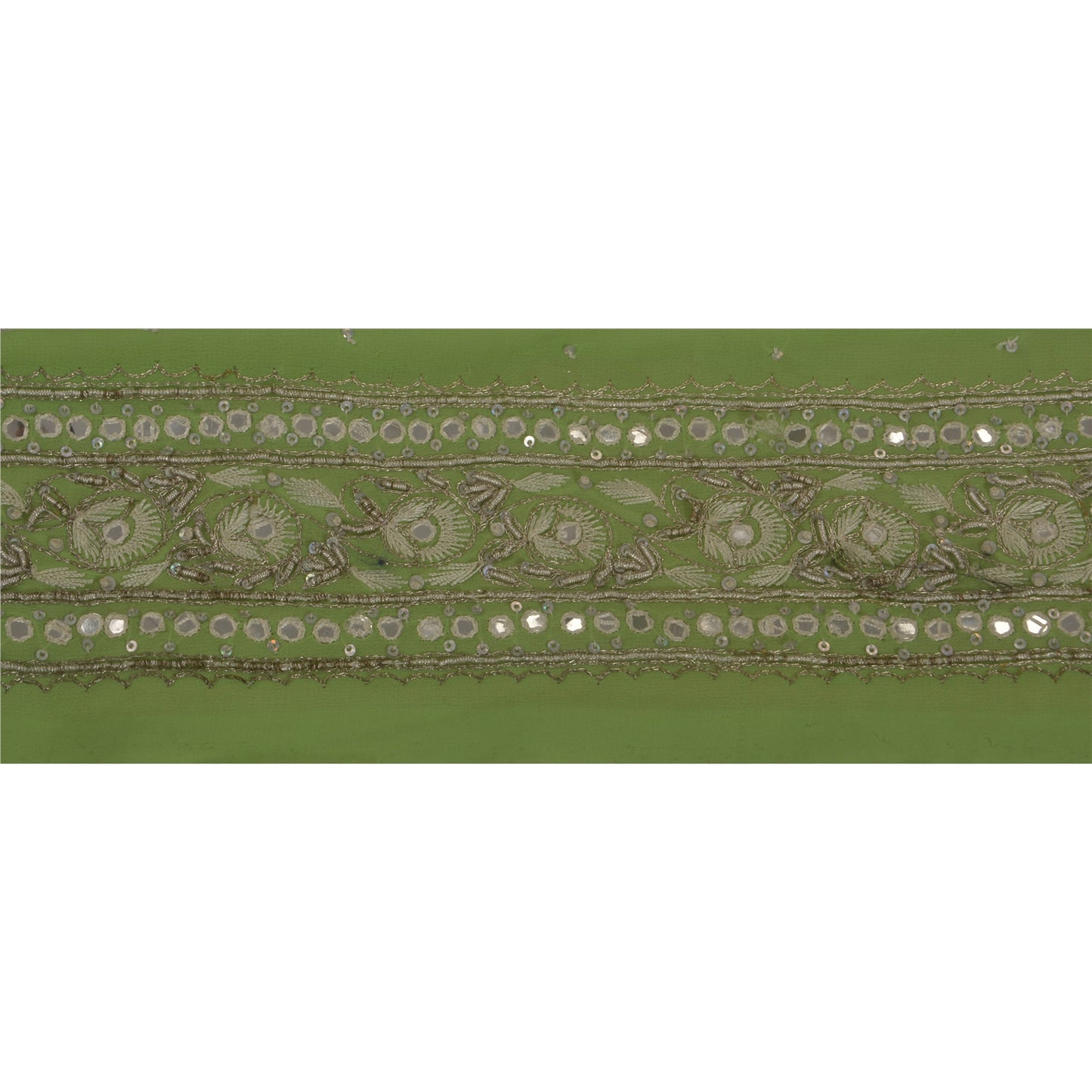 Sanskriti Vintage Green Sari Border Hand Beaded Indian Craft Trim 1 YD Lace