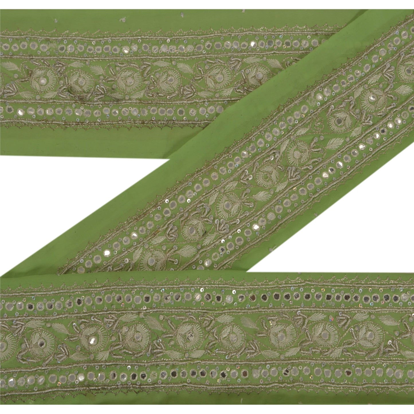 Sanskriti Vintage Green Sari Border Hand Beaded Indian Craft Trim 1 YD Lace