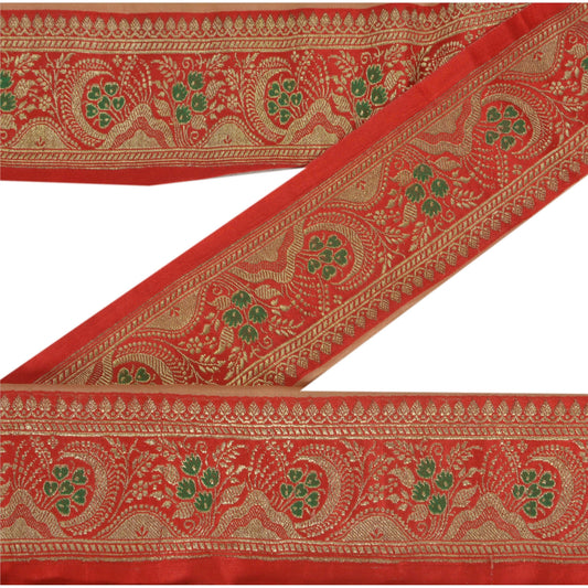 Sanskriti Vintage Red Sari Border Woven Brocade 1 Yard Craft Trims Sewing Lace