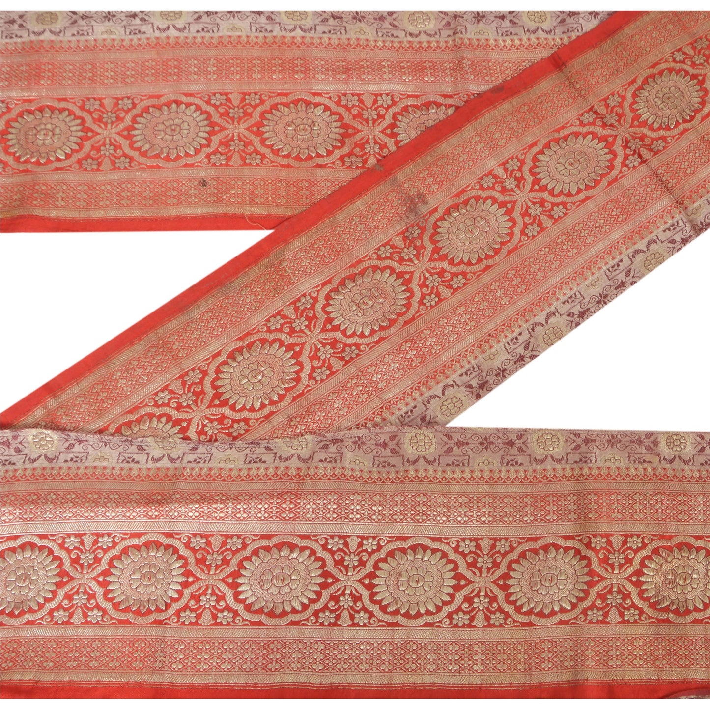 Sanskriti Vintage Red Sari Border Brocade Craft Trim Sewing 1 Yard Zari Lace