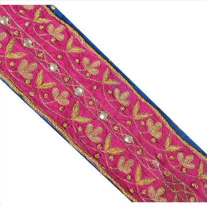 SANSKRITI VINTAGE SARI BORDER BEADED 1 YD TRIMS LACE 3.5W PURE SILK PINK BLUE