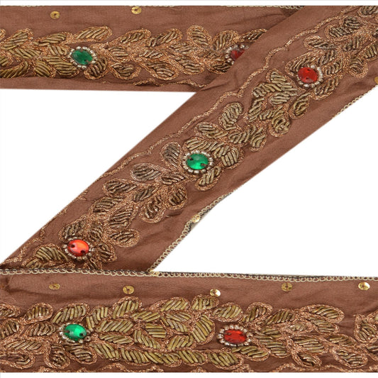 Sanskriti Vintage Saree Border Hand Beaded 1 Yard Trim Décor Ribbon Brown Lace