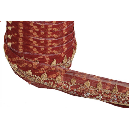 Sanskriti Vintage Bandhani Sari Border Hand Beaded 1 YD Trim Ribbon Maroon Lace