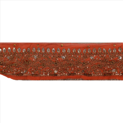 Sanskriti Vintage Sari Border Antique Hand Beaded Indian 1 Yd Trim Orange Lace