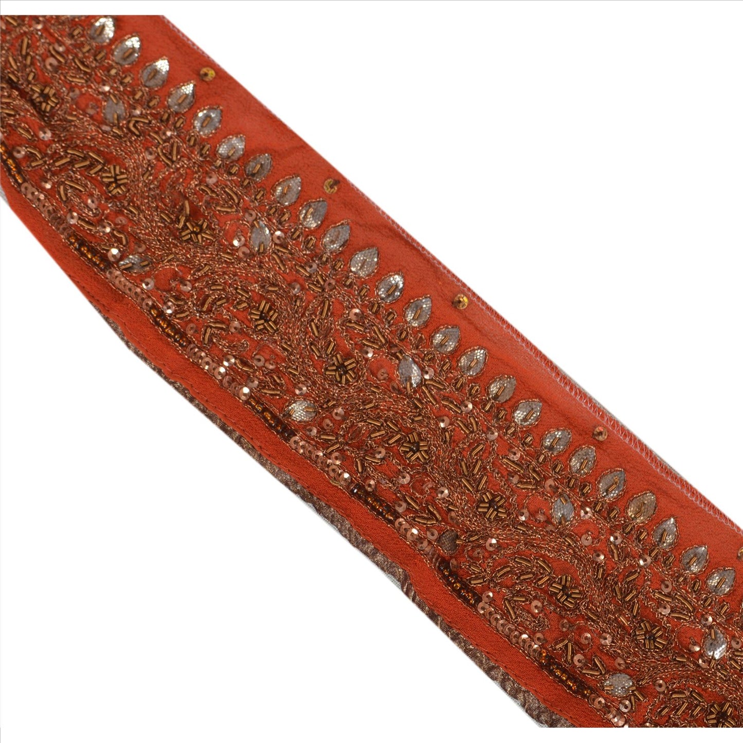 Sanskriti Vintage Sari Border Antique Hand Beaded Indian 1 Yd Trim Orange Lace