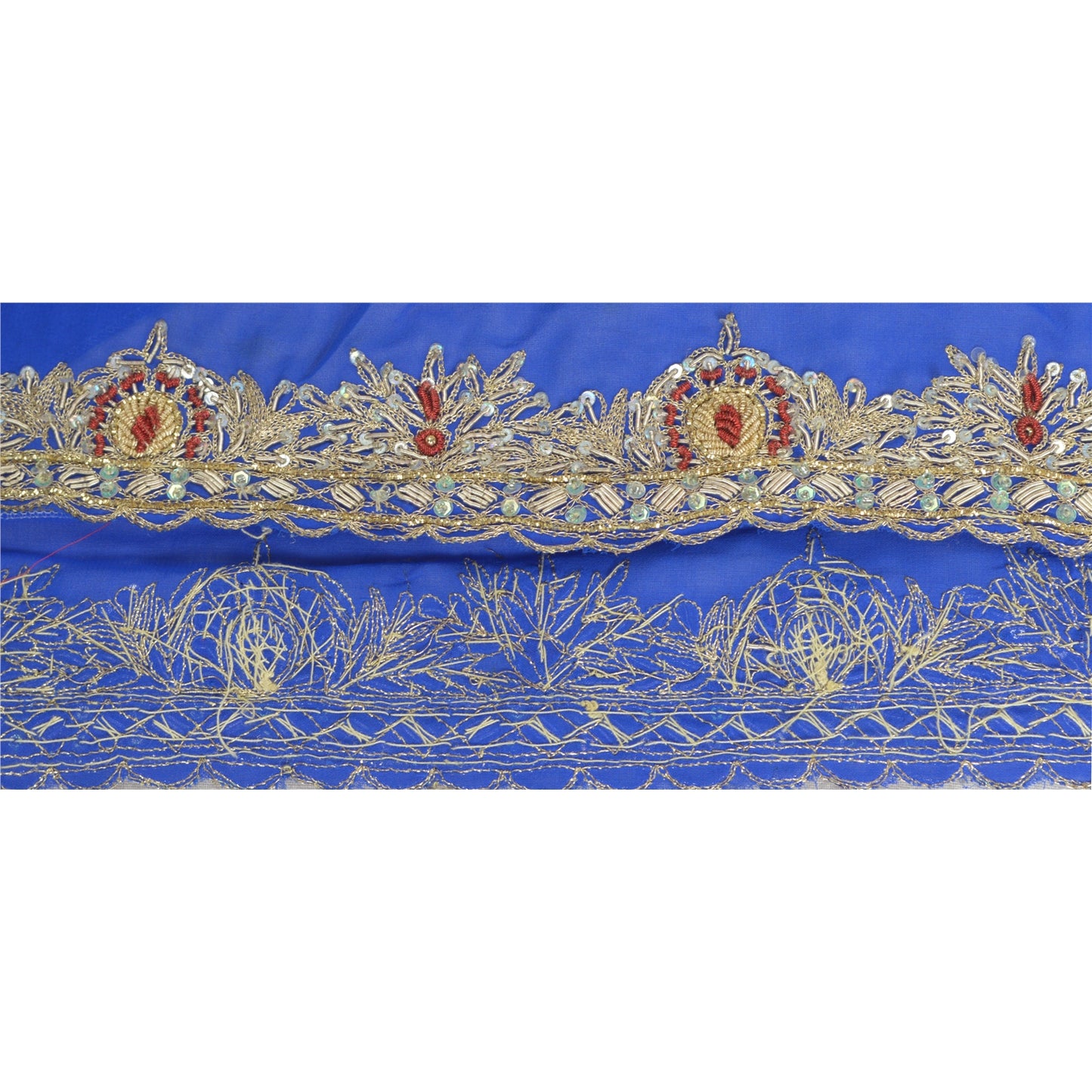 Sanskriti Vintage Sari Border Hand Beaded Craft 1YD Sewing Royal Blue Trims Lace