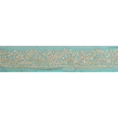 Sanskriti Vintage Sari Border Hand Beaded Craft 1 YD Sewing Sea Green Trims Lace