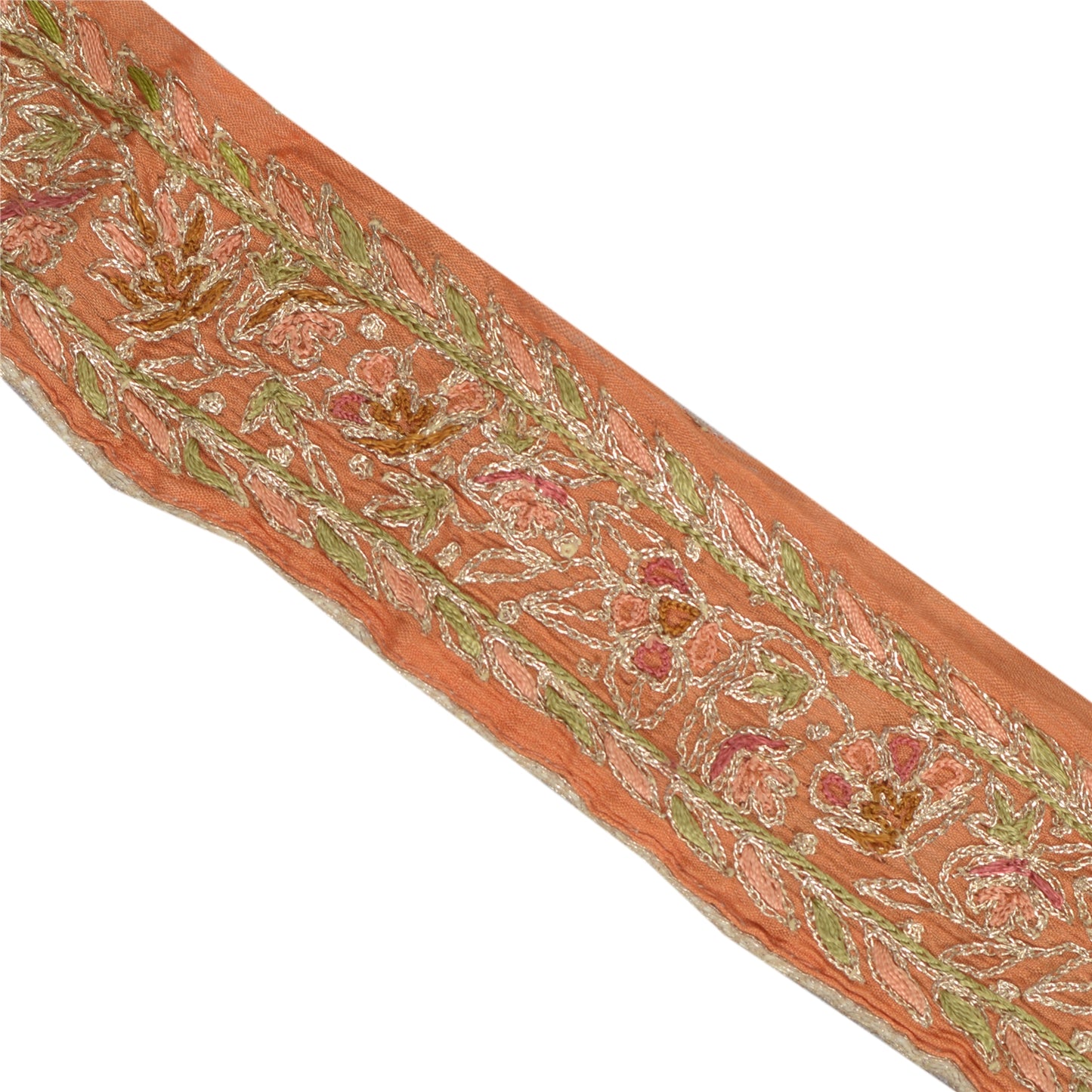 Sanskriti Vintage Sari Border Hand Embroidered Craft 1 YD Orange Trims Lace