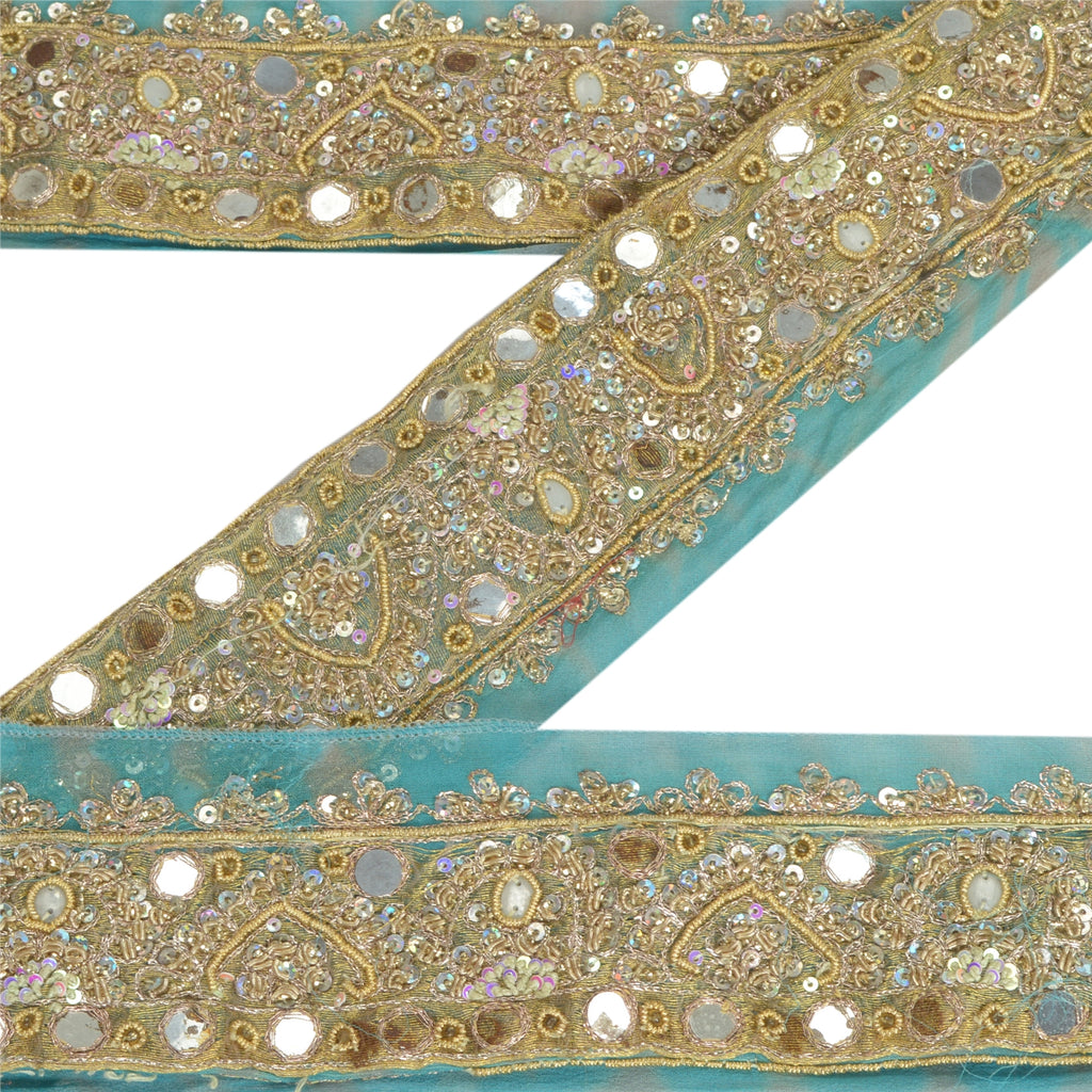 Sanskriti Vintage Sari Border Hand Beaded Craft 1 YD Sewing Sky Blue Trims Lace