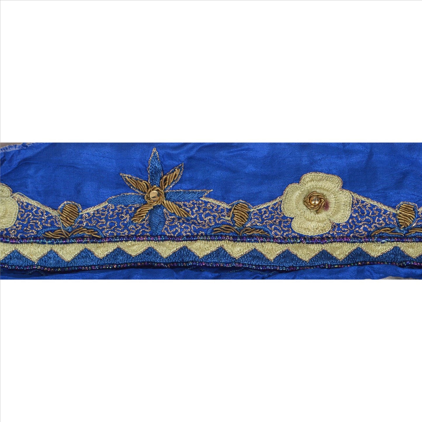 Sanskriti Vintage Sari Border HandBeaded 1 YD Indian Trim Sewing Blue Lace