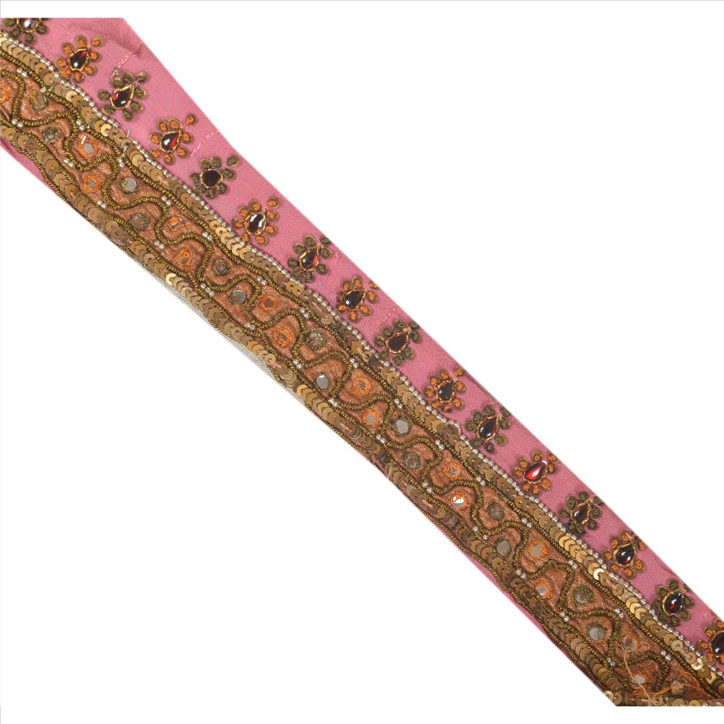 SANSKRITI VINTAGE Border Antique Hand Beaded 1 YD Indian Trim Sewing Pink Lace