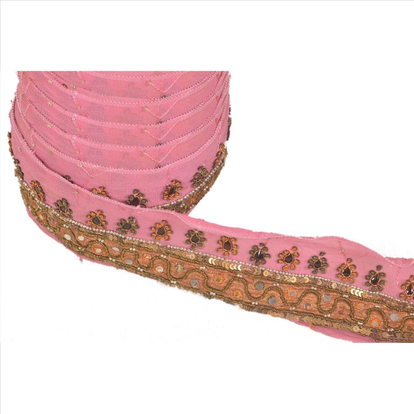 SANSKRITI VINTAGE Border Antique Hand Beaded 1 YD Indian Trim Sewing Pink Lace