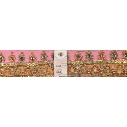 SANSKRITI VINTAGE Border Antique Hand Beaded 1 YD Indian Trim Sewing Pink Lace