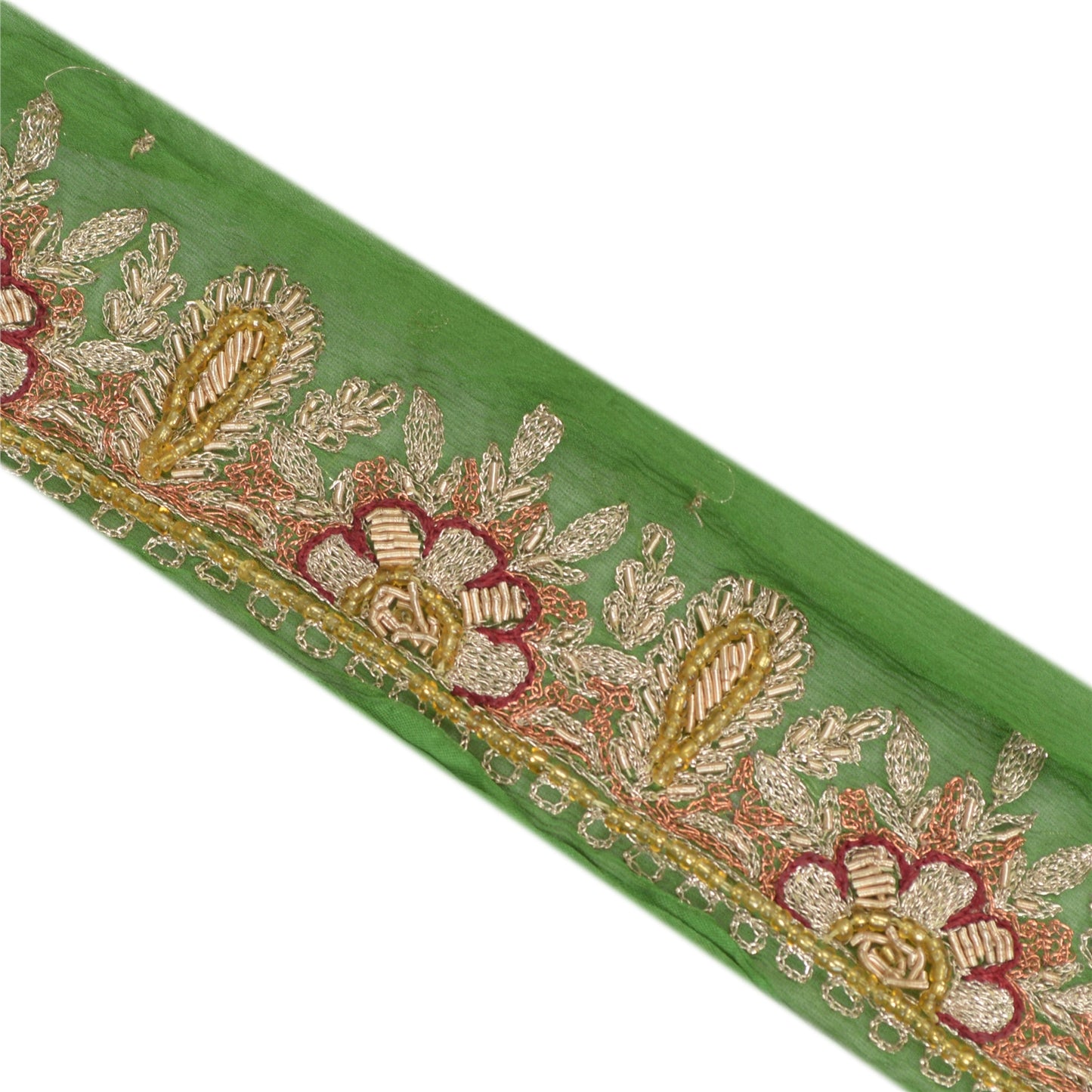 Sanskriti Vintage Sari Border Hand Beaded 1 YD Indian Trim Sewing Green Lace