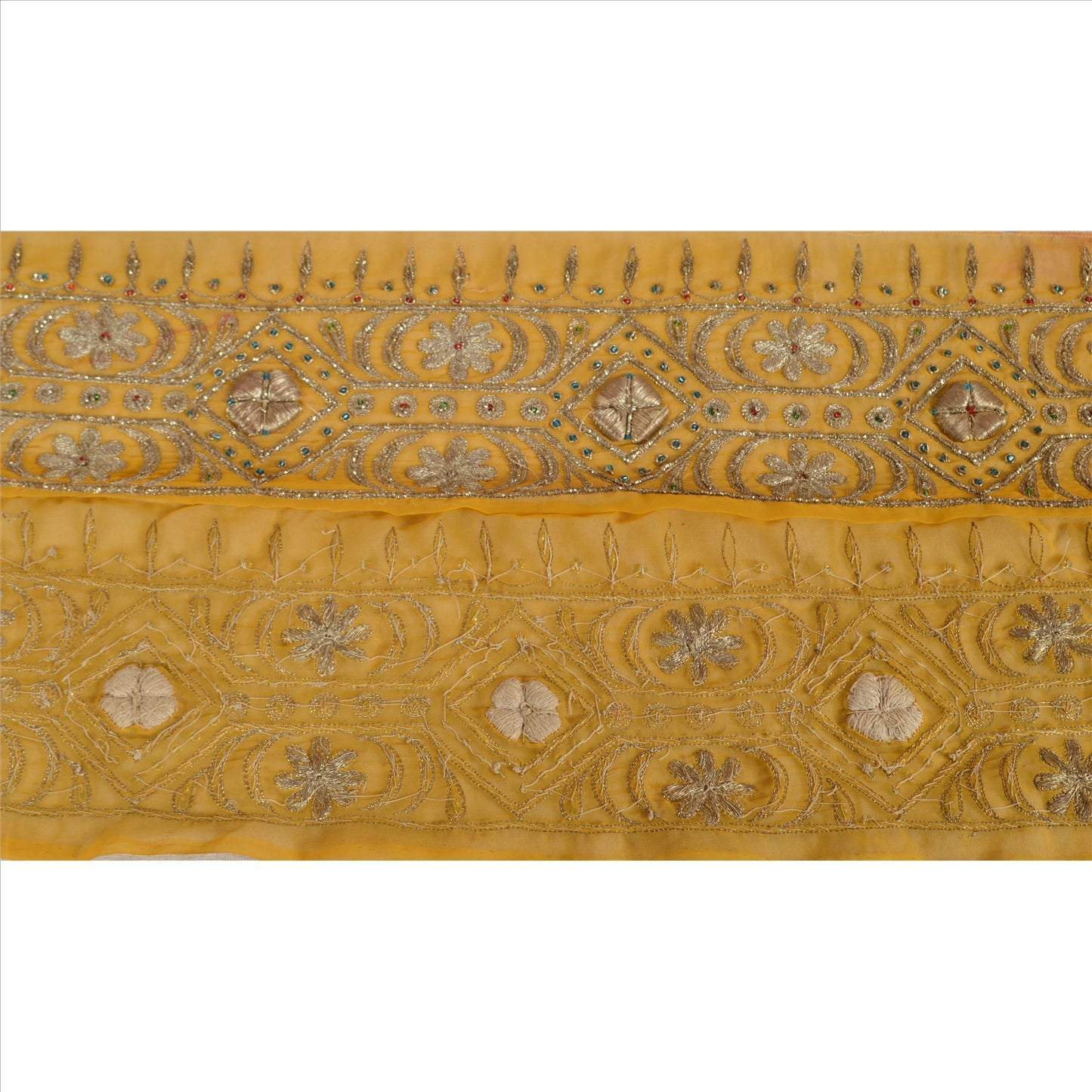 Sanskriti Vintage Sari Border Hand Beaded 1 YD Indian Trim Sewing Saffron Lace