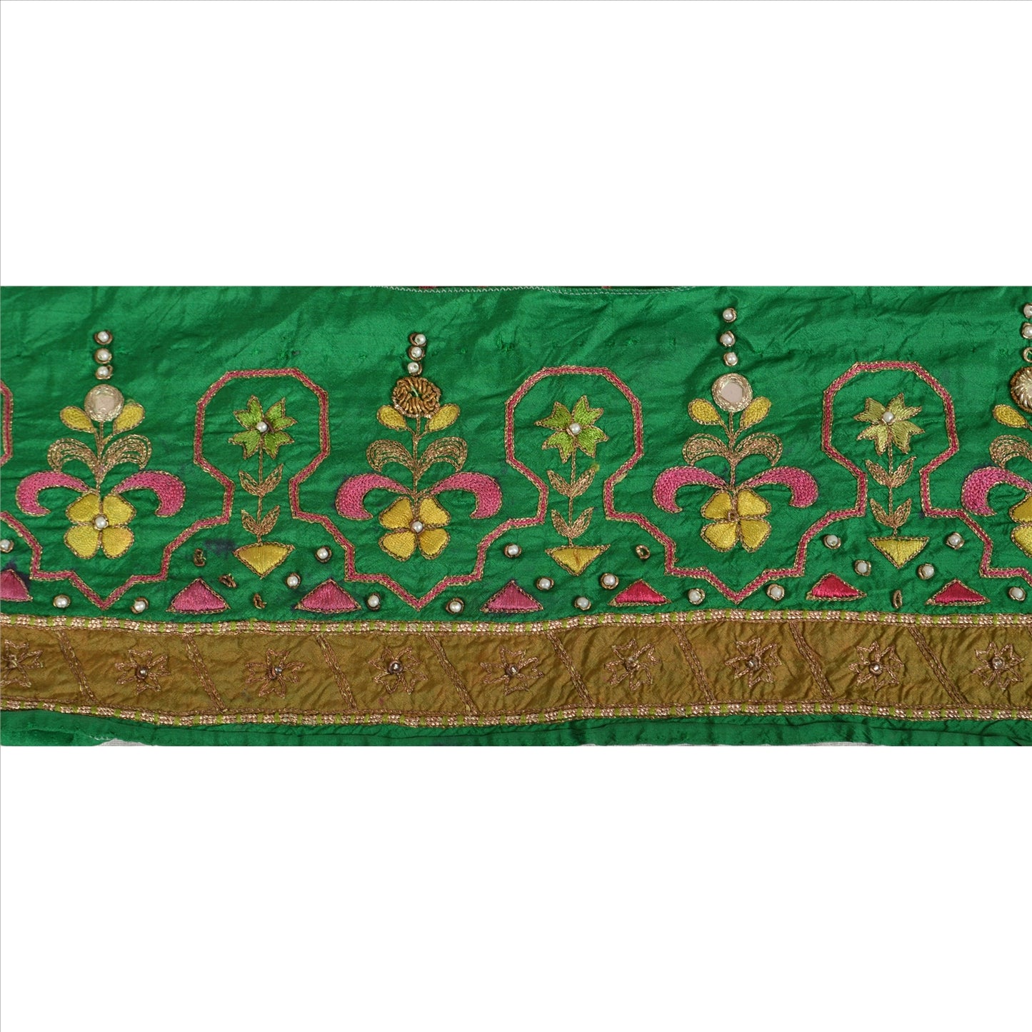 Sanskriti Vintage Saree Border Hand Beaded 1 Yard Indian Trim Sewing Green Lace