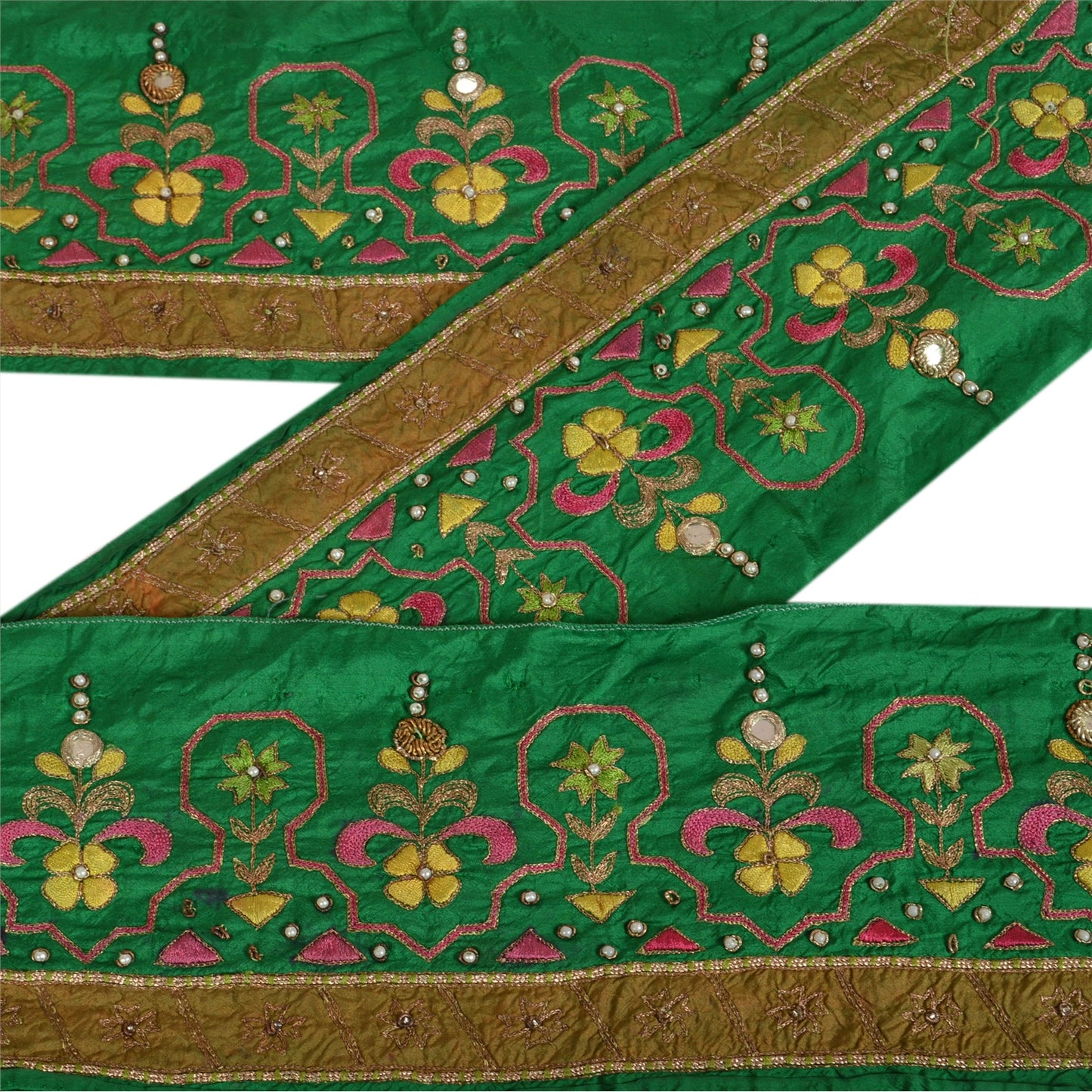 Sanskriti Vintage Saree Border Hand Beaded 1 Yard Indian Trim Sewing Green Lace