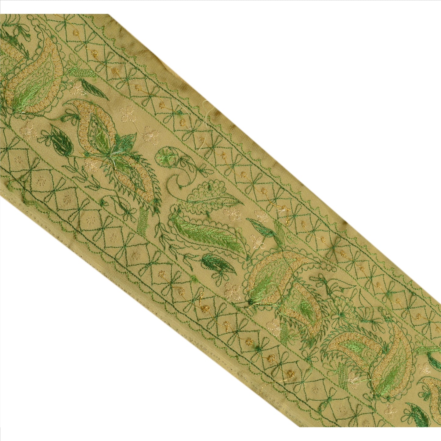 Sanskriti Vintage Sari Border Hand Embroidered 1 YD Indian Trim Sewing Green Lace