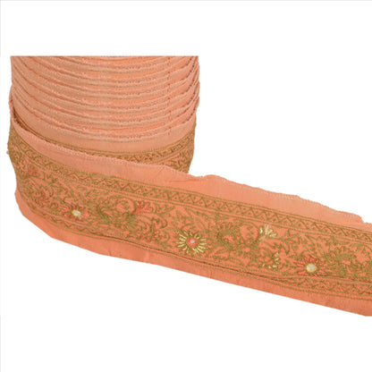 Sanskriti Vintage Sari Border Hand Embroidered 1 YD Trim Sewing Peach Craft Lace