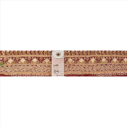 Sanskriti Vintage Sari Border Hand Beaded 1YD Indian Trim Sewing Maroon Zari Lace