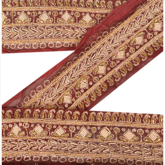 Sanskriti Vintage Sari Border Hand Beaded 1YD Indian Trim Sewing Maroon Zari Lace