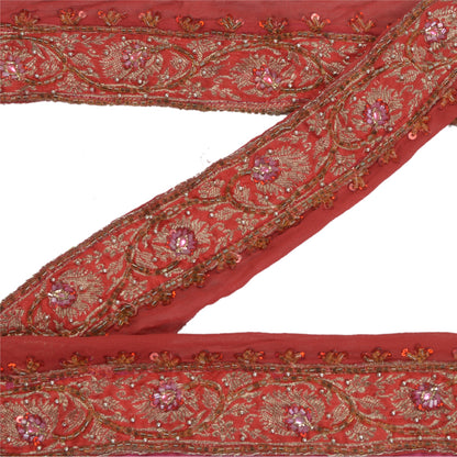 Sanskriti Vintage Sari Border Hand Beaded Brocade Zari Craft 1 YD Red Trims Lace