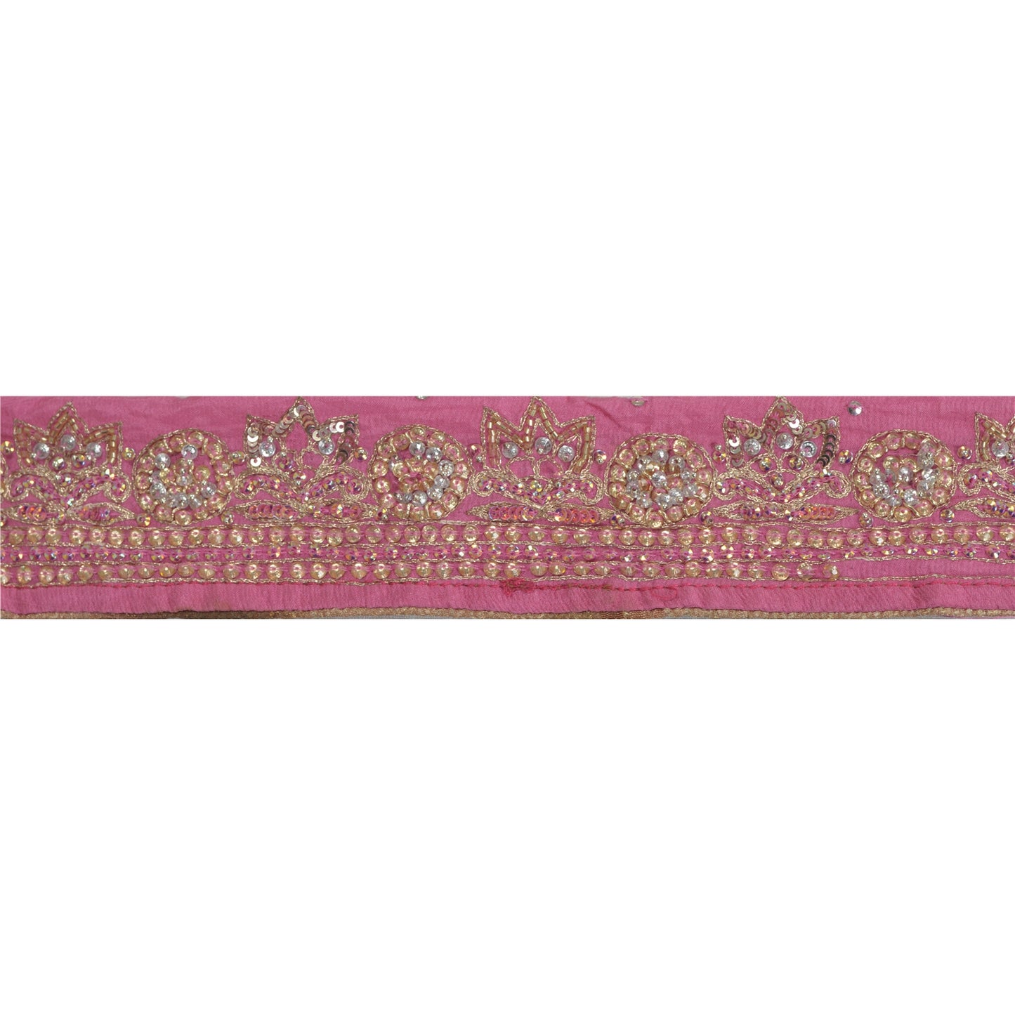 Sanskriti Vintage Sari Border Hand Beaded Craft 1 YD Sewing Pink Trims Deco Lace