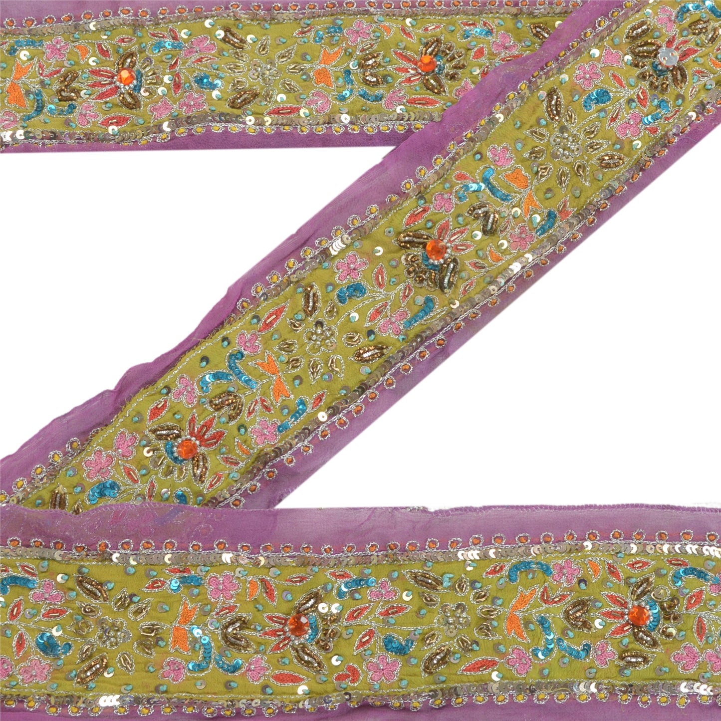 SANSKRITI VINTAGE SARI BORDER HAND BEADED 1 YD TRIMS LACE 2.2W GREEN PINK