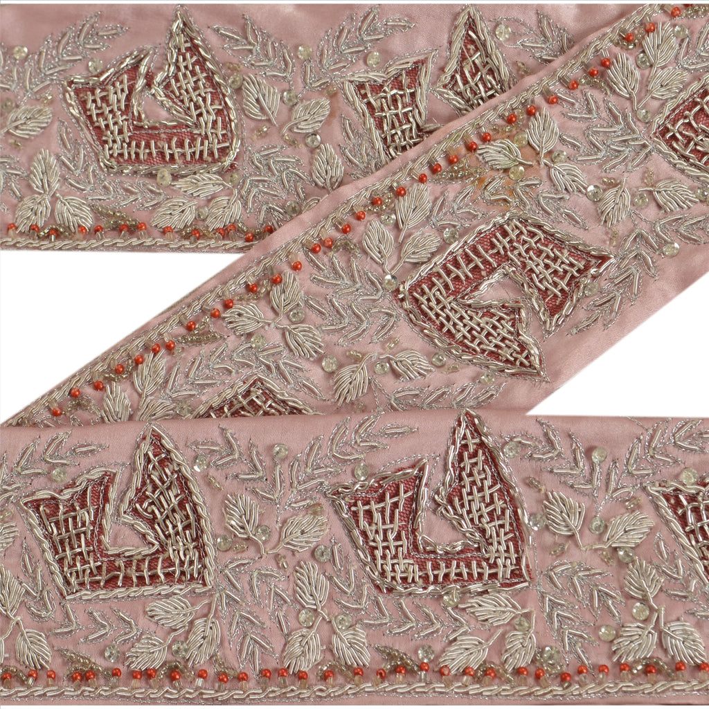 Sanskriti Vintage Sari Border Hand Beaded 1YD Indian Trim Sewing Pink Zari Lace