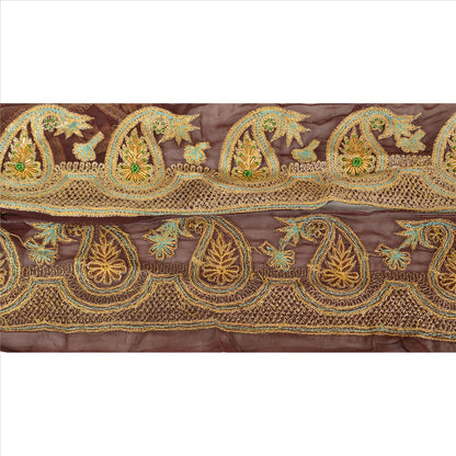 Sanskriti Vintage Sari Border Hand Beaded 1 YD Indian Trim Craft Brown Lace