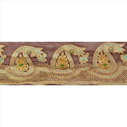 Sanskriti Vintage Sari Border Hand Beaded 1 YD Indian Trim Craft Brown Lace