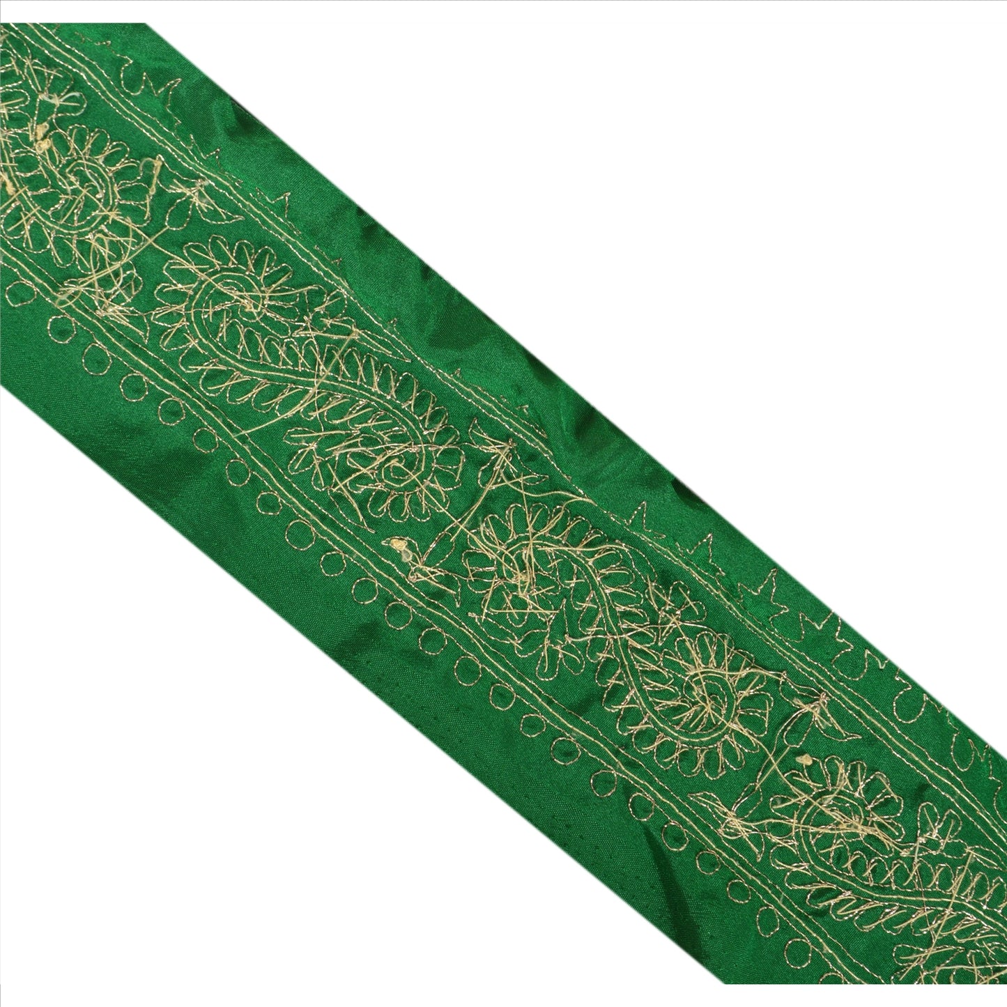 Sanskriti Vintage Sari Border Hand Beaded 1YD Indian Trim Sewing Green Zari Lace