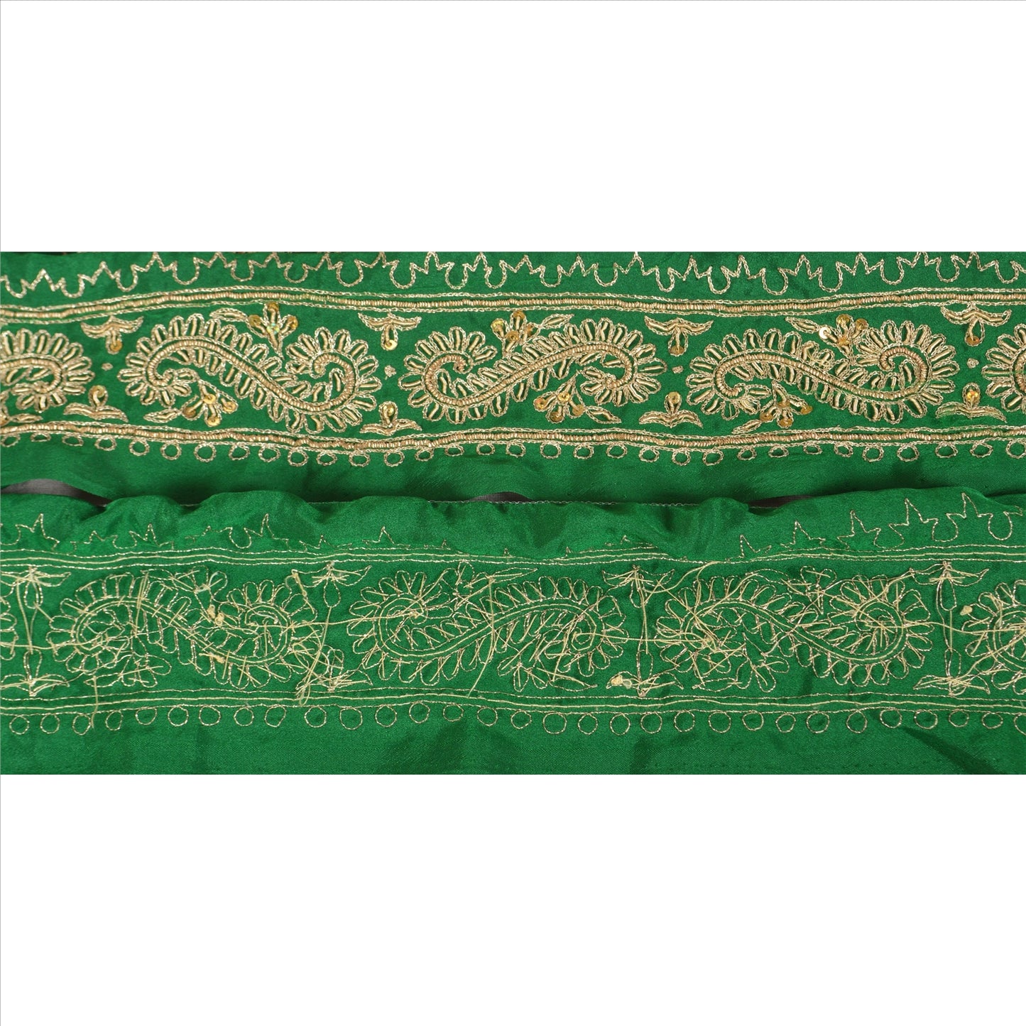 Sanskriti Vintage Sari Border Hand Beaded 1YD Indian Trim Sewing Green Zari Lace