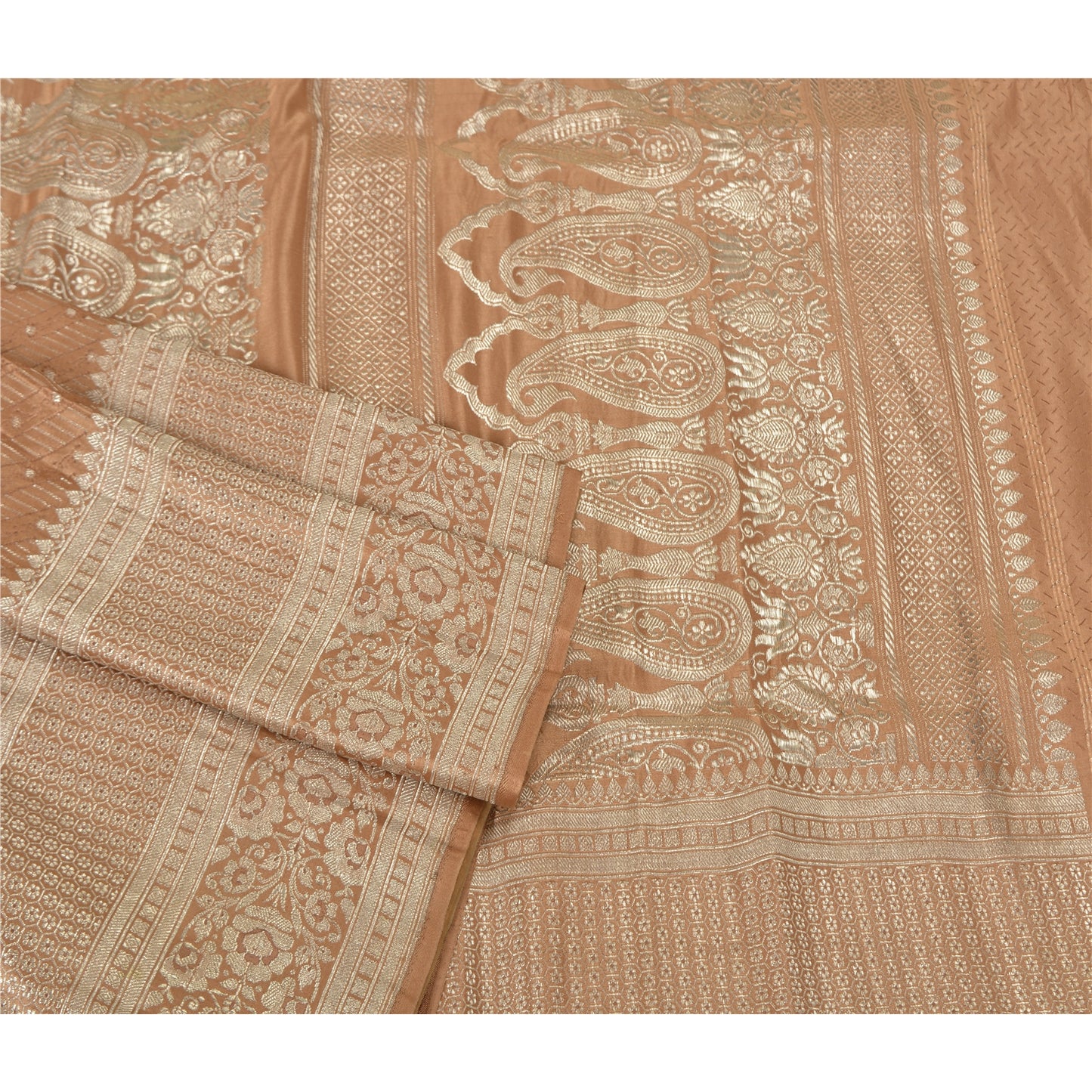 Sanskriti Vintage Brown Heavy Sarees Pure Satin Silk Woven Brocade Sari Fabric