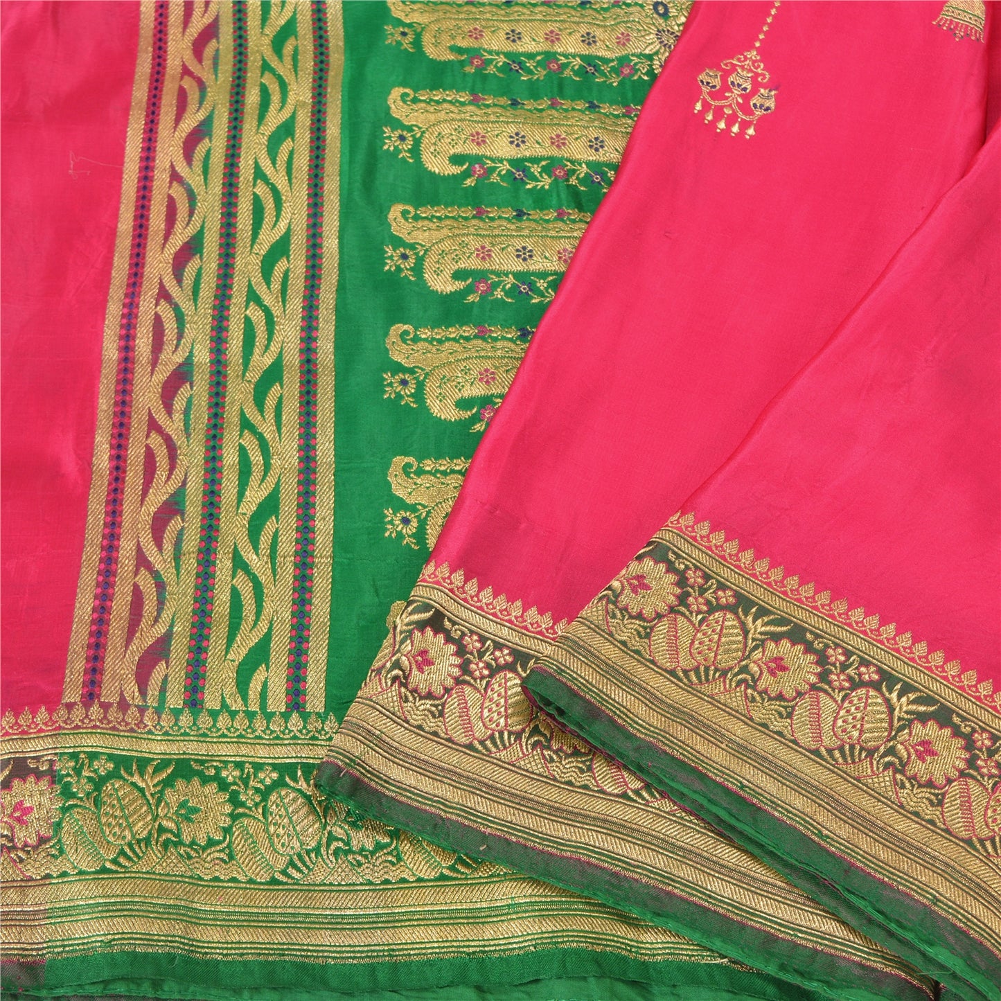 Sanskriti Vintage Pink/Green Wedding Sarees Pure Satin Silk Brocade Sari Fabric