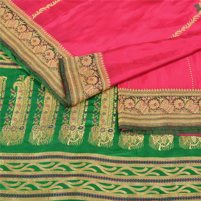 Sanskriti Vintage Pink/Green Wedding Sarees Pure Satin Silk Brocade Sari Fabric