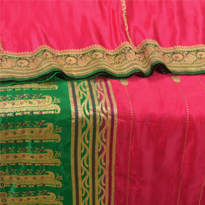 Sanskriti Vintage Pink/Green Wedding Sarees Pure Satin Silk Brocade Sari Fabric