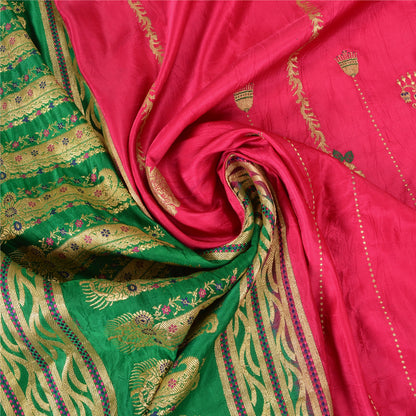 Sanskriti Vintage Pink/Green Wedding Sarees Pure Satin Silk Brocade Sari Fabric