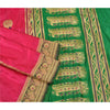 Sanskriti Vintage Pink/Green Wedding Sarees Pure Satin Silk Brocade Sari Fabric