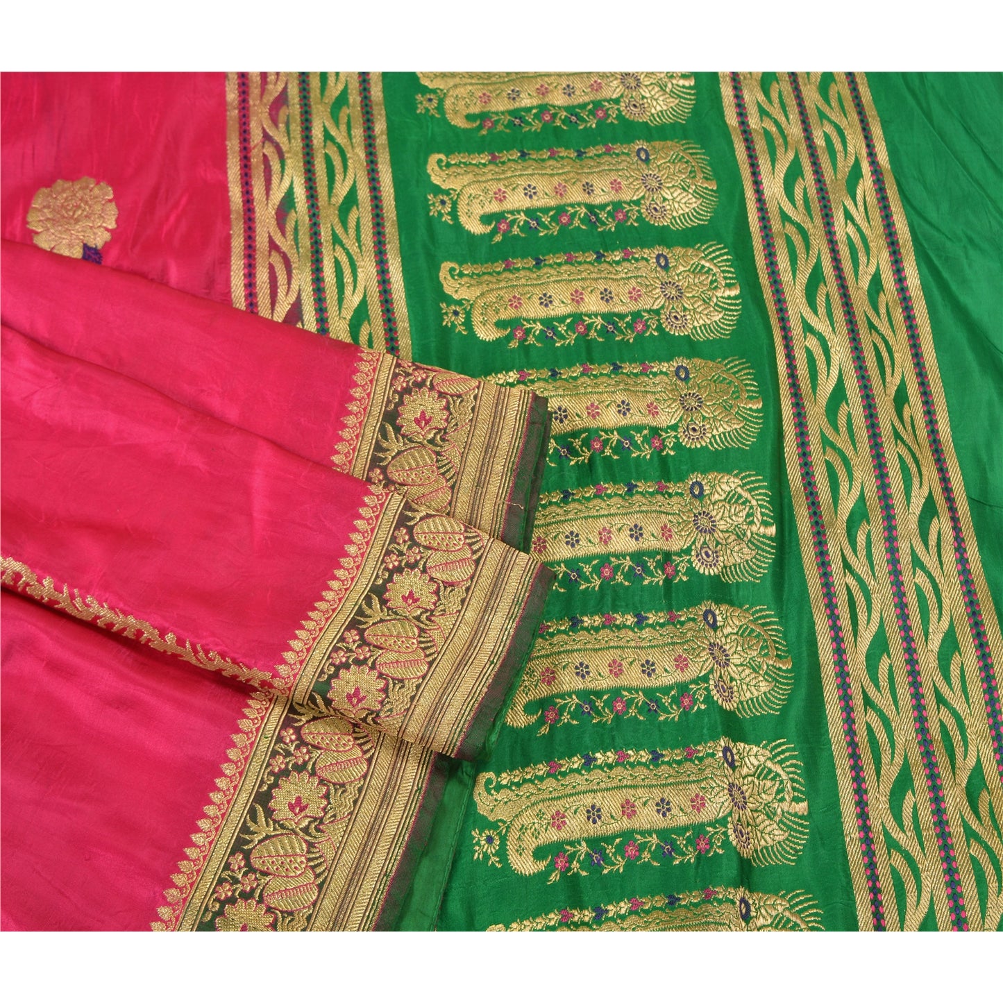 Sanskriti Vintage Pink/Green Wedding Sarees Pure Satin Silk Brocade Sari Fabric