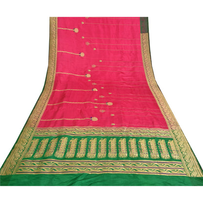 Sanskriti Vintage Pink/Green Wedding Sarees Pure Satin Silk Brocade Sari Fabric