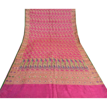 Sanskriti Vintage Magenta Indian Sarees Blend Silk Woven Sari 5 Yard Fabric