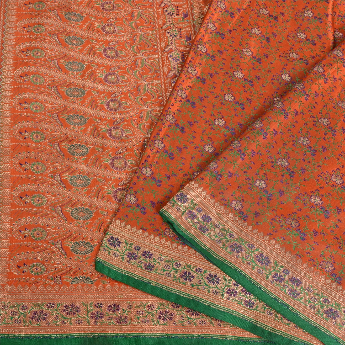 Sanskriti Vintage Orange Sarees Pure Satin Woven Brocade/Banarasi Sari Fabric