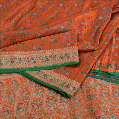 Sanskriti Vintage Orange Sarees Pure Satin Woven Brocade/Banarasi Sari Fabric