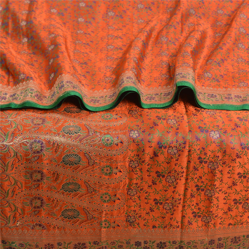 Sanskriti Vintage Orange Sarees Pure Satin Woven Brocade/Banarasi Sari Fabric