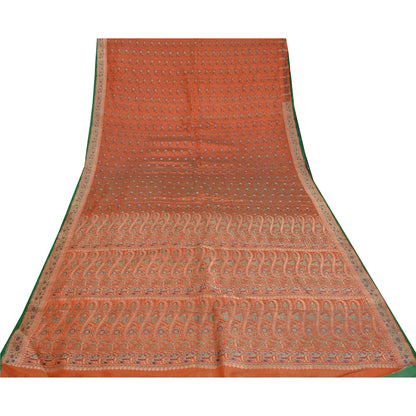 Sanskriti Vintage Orange Sarees Pure Satin Woven Brocade/Banarasi Sari Fabric