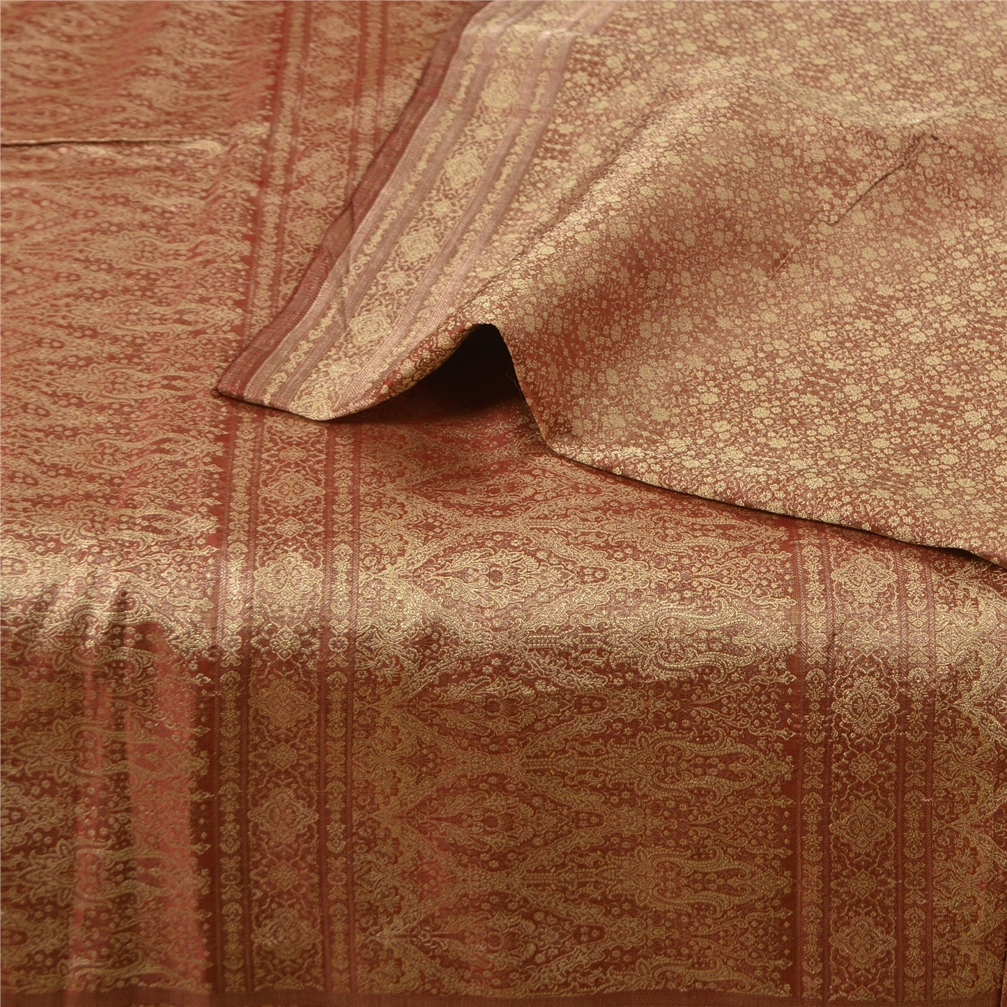 Sanskriti Vintage Golden Red Sarees Pure Satin Silk Woven Brocade Sari Fabric