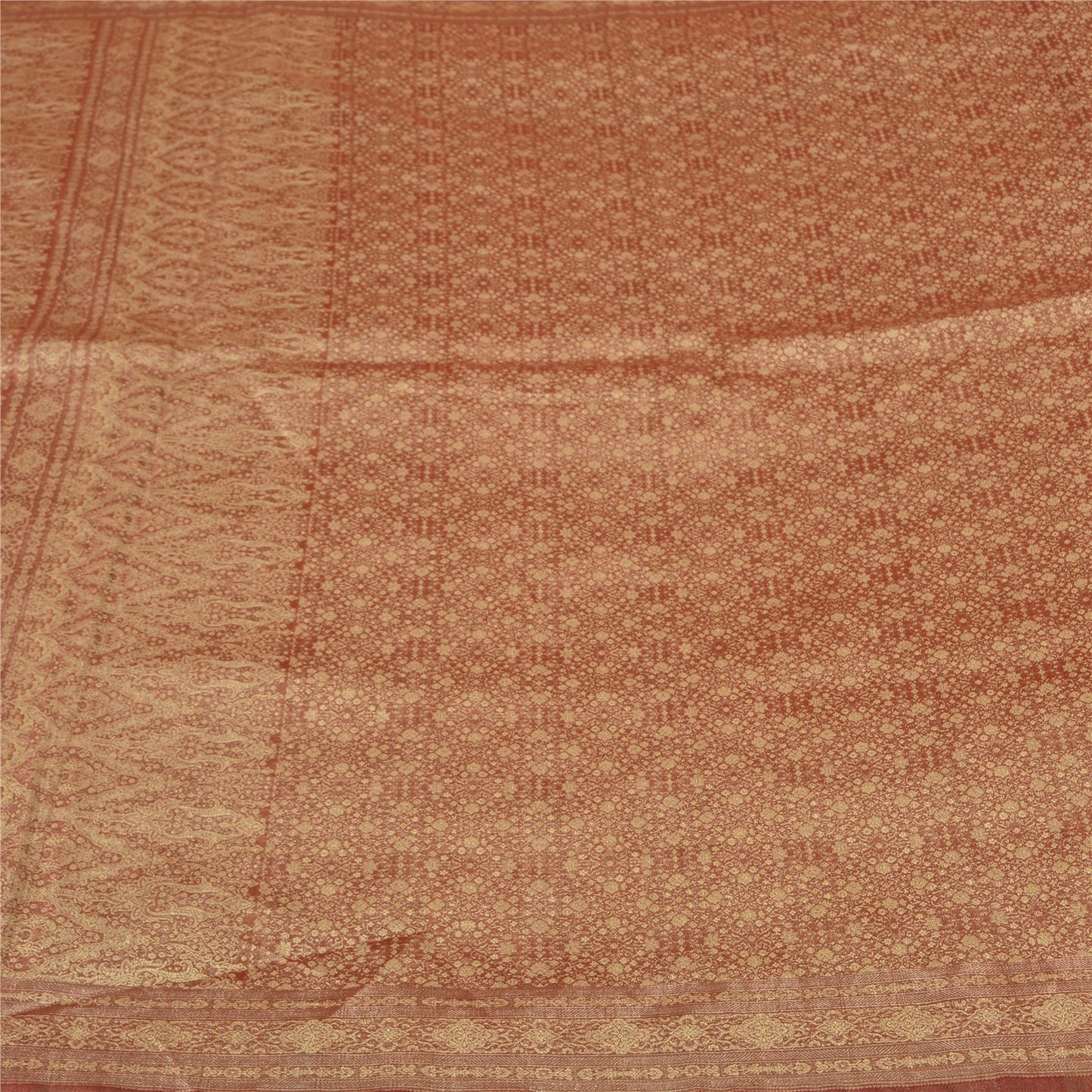 Sanskriti Vintage Golden Red Sarees Pure Satin Silk Woven Brocade Sari Fabric